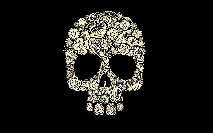 Калавера иллюстрация, белый цветочный череп Мандала, цифровое искусство, простой фон, минимализм, черный фон, череп, цветы, листья, роза, лепестки, тюльпаны, смерть, жуткий, готика, HD обои