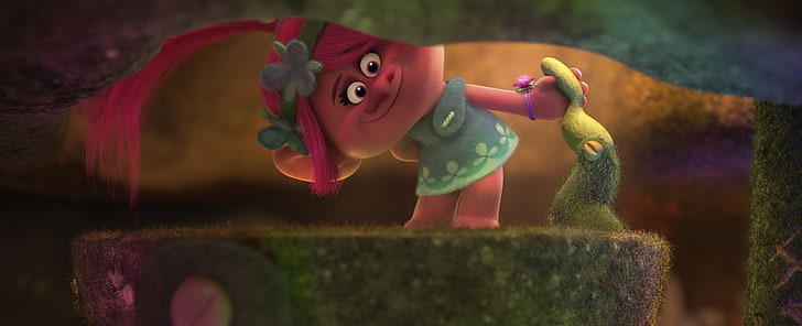 fantasy, forest, magic, flower, pink hair, dress, pink, DreamWorks, chibi, cartoon, singer, hero, queen, Justin Timberlake, troll, animated film, insect, celebrity, vegetation, hana, grey hair, small, comedy, Trolls, blue hair, family, Branch, Anna Kendrick, DreamWorks Animation, mahou, graphical animation, Yuusha, Poppy, queen of trolls, mythical creatures, lowercase, HD wallpaper