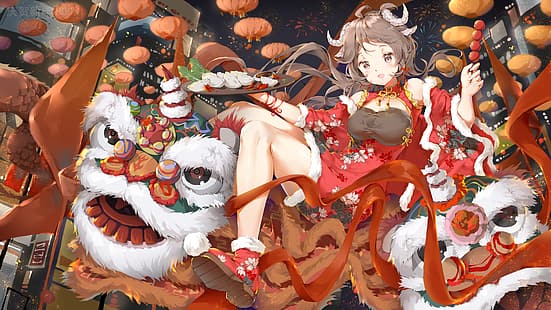  Eyjafjalla(Arknights), night, Arknights, city lights, anime girls, dragon, BODHI, animal ears, long hair, brunette, food, looking at viewer, horns, Chinese clothing, festivals, hair ornament, New Year, sky lanterns, cheongsam, lantern, Chinese dress, floating, smiling, brown eyes, building, fireworks, HD wallpaper HD wallpaper