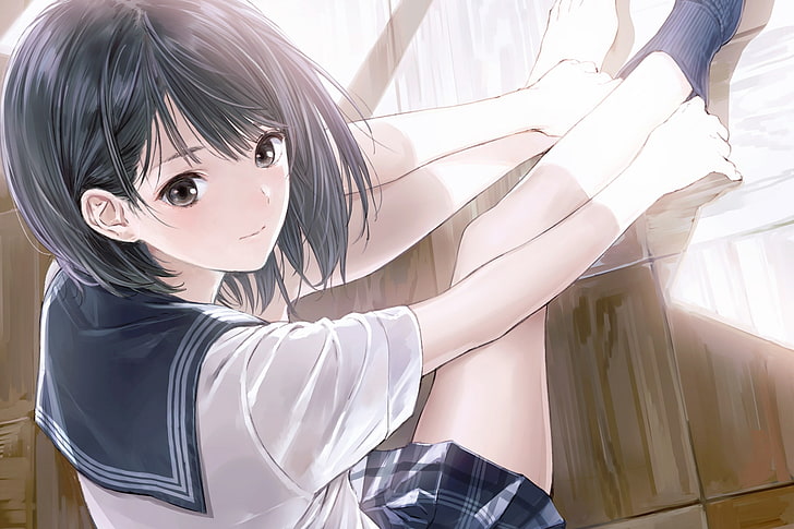 anime girl, semi-réaliste, uniforme scolaire, cheveux courts, Anime, Fond d'écran HD