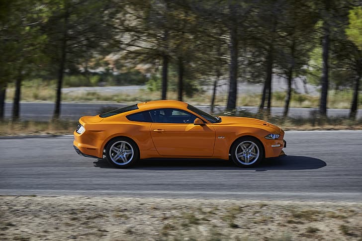 arancione, movimento, Ford, profilo, 2018, fastback, Mustang GT 5.0, Sfondo HD