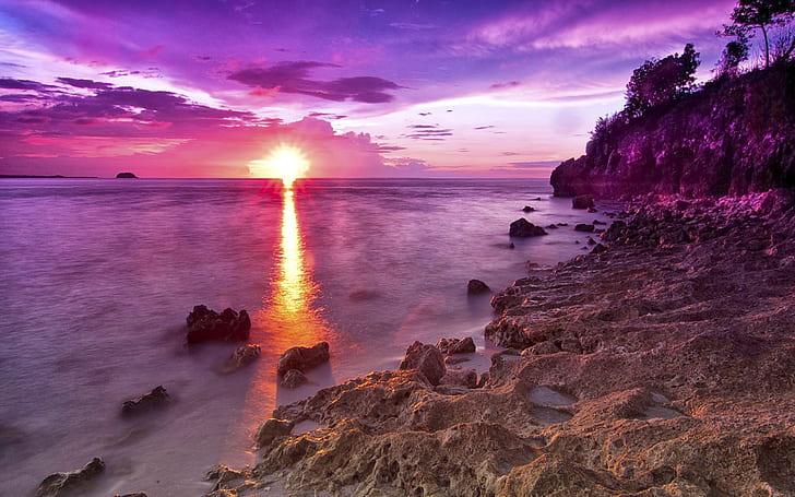 Zachód słońca na kamienistej plaży w kolorze magenta Hdr Hd Tapeta 601780, Tapety HD