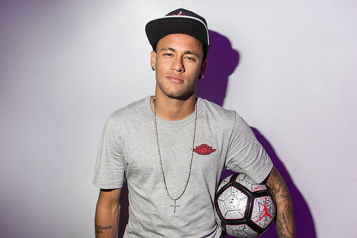 camiseta cinza com gola Air Jordan masculina, neymar, jogador de futebol, fc barcelona, HD papel de parede