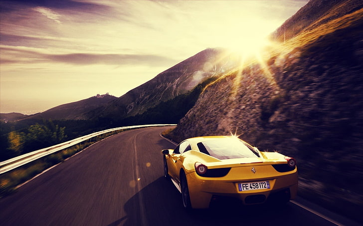 black and yellow RC helicopter, car, sunset, Ferrari, yellow cars, road, HD wallpaper