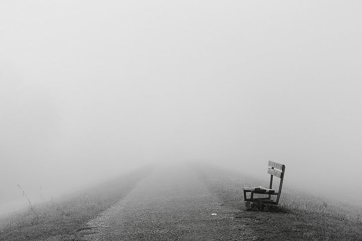 gray bench, mist, bench, path, HD wallpaper