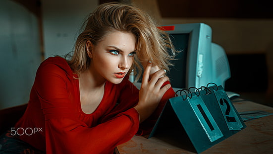 women, Damian Piórko, blonde, portrait, looking away, 500px, watermarked, Carla Sonre, red shirt, HD wallpaper HD wallpaper