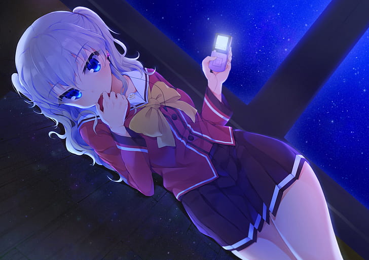 Charlotte (anime), uniforme scolaire, cheveux blancs, yeux bleus, Tomori Nao, anime girls, Fond d'écran HD