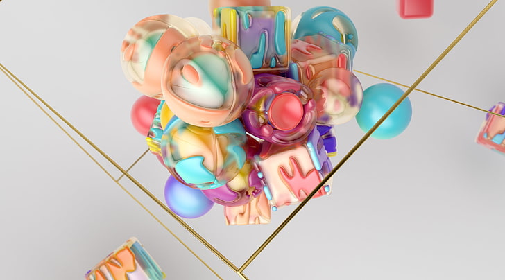 Colorful 3D Shapes Abstrakte Kunst, Künstlerisch, 3D, Bunt, Abstrakt, Design, Farben, Gold, Würfel, Golden, Kugeln, Runde, 3DArt, Kugeln, HD-Hintergrundbild
