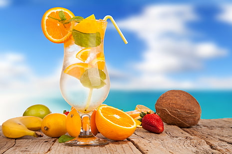 апельсиновый сок, лед, лето, лимон, бокал, апельсин, кокос, клубника, коктейль, лайм, трубочка, напиток, фрукты, банан, цитрусовые, коктейли, HD обои HD wallpaper