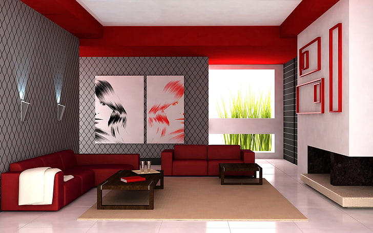 червен секционен диван, стая, диван, мебели, интериор, HD тапет