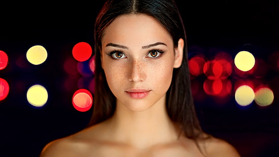woman's face, women, brunette, model, long hair, portrait, face, Mariya Volokh, freckles, HD wallpaper HD wallpaper