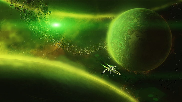 иллюстрация космического корабля, цифровое искусство, вселенная, пространство, планета, звезды, космический корабль, метеоры, огни, зеленый, HD обои