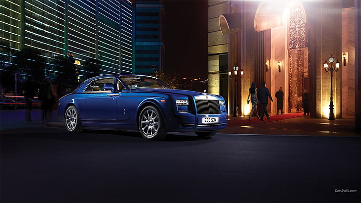 blue 5-door hatchback, car, Rolls-Royce Phantom, blue cars, HD wallpaper