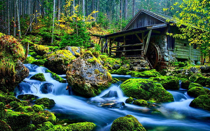 Старая водяная мельница, мельница, природа, река, водопад, скалы, красивые, зеленые, вода, лес, деревья, водопады, природа и земли, HD обои