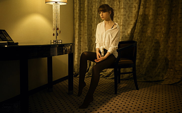 women, model, 500px, Sergey Fat, lamp, pantyhose, chair, sitting, Olya Pushkina, HD wallpaper