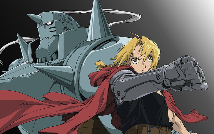 Edward and Alfonse Elric from Full Metal Alchemist illustration, guy, full metal alchemist ed et al, blond, arm, robot, iron, HD wallpaper