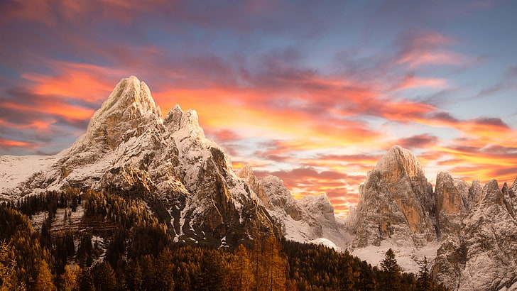 eisige Berglandschaft, Natur, Landschaft, Sonnenuntergang, Berge, schneebedeckte Spitze, Himmel, Wald, Fall, Dolomiten (Berge), Italien, HD-Hintergrundbild