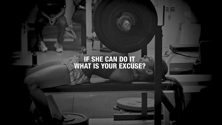 black bench press with if she can do it what is your excuse? text overlay, quote, motivational, weightlifting, HD wallpaper