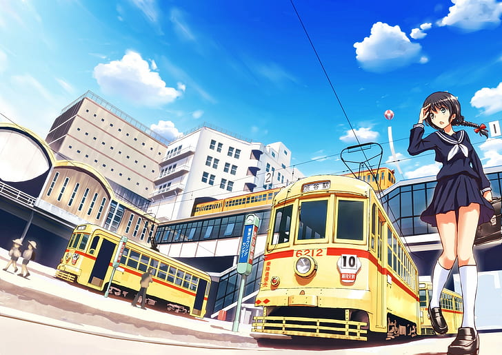 anime, landscape, train station, school uniform, schoolgirl, original characters, HD wallpaper