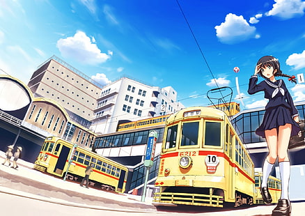 anime, landscape, train station, school uniform, schoolgirl, original characters, HD wallpaper HD wallpaper