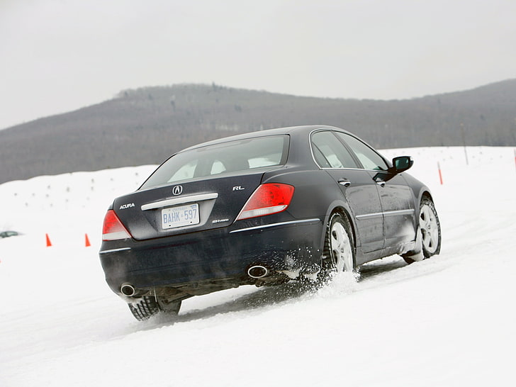 black Acura sedan, acura, rl, black, rear view, car, snow, style, nature, HD wallpaper