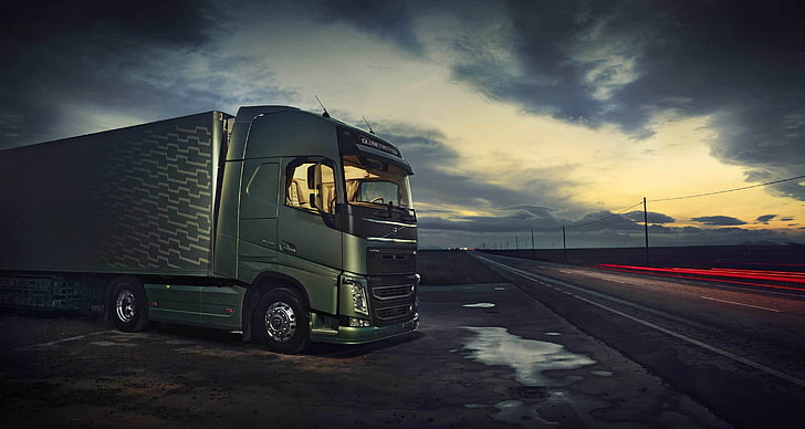 szara ciężarówka z przyczepą, niebo, tor, volvo 2013, symulator ciężarówki euro 2, przyczepa., Tapety HD