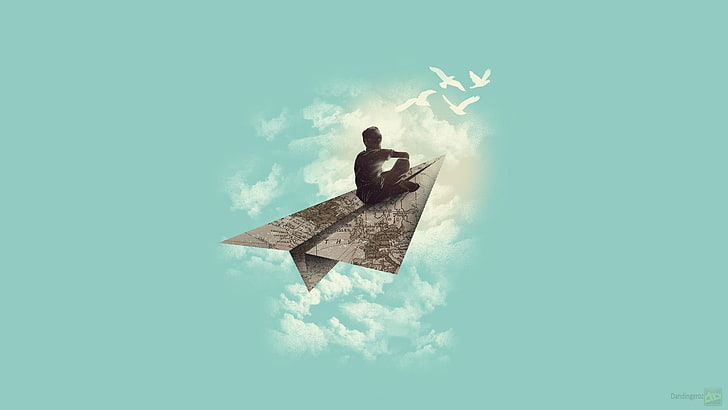 мъж, езда на сива хартия самолет илюстрация, фентъзи изкуство, хартиени самолети, HD тапет