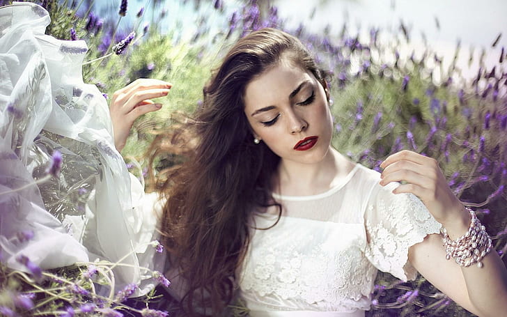 Девушка Summer Flowers Mood, женский белый кружевной топ, девушка, лето, цветы, настроение, HD обои
