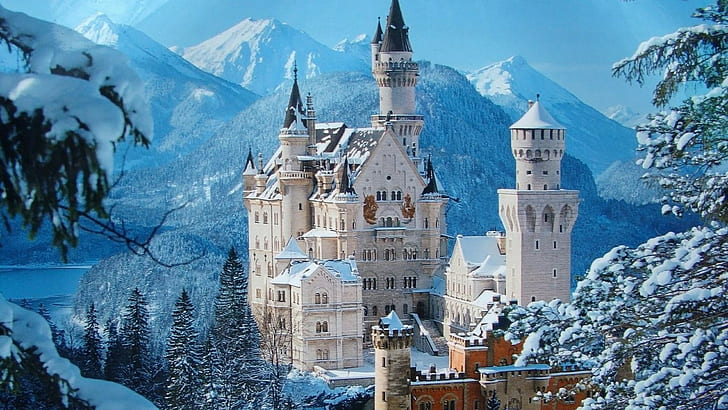 invierno, punto de referencia, atracción turística, castillo, edificio, cielo, Alpes, nieve, montaña, UE, Europa, Alemania, Baviera, Castillo de Neuschwanstein, Schwangau, Fondo de pantalla HD