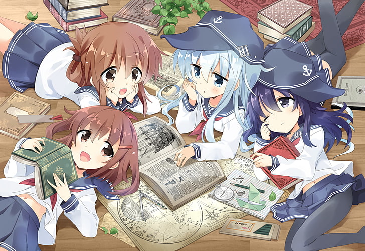 مجموعة Kantai ، Akatsuki (Kancolle) ، Hibiki (KanColle) ، Ikazuchi (KanColle) ، Inazuma (KanColle) ، كتب ، فتيات أنيمي ، على الأرض ، تنورة قصيرة، خلفية HD