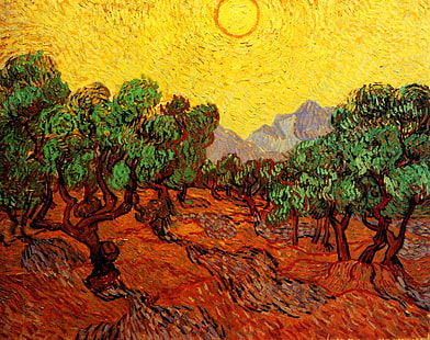 слънцето, дърветата, планините, Винсент ван Гог, с Жълто небе и слънцето, маслиновите дървета, HD тапет HD wallpaper