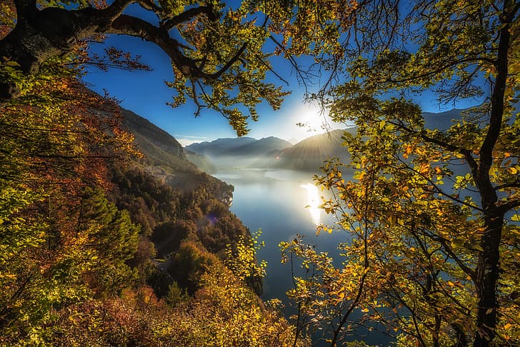 autumn, trees, mountains, branches, lake, Switzerland, Lake Thun, Bernese Oberland, Thunersee, Bernese Highlands, HD wallpaper