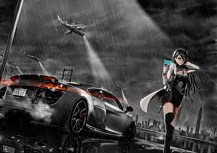 Wallpaper mit weiblicher Figur, Anime Girls, Anime, Audi, Regen, Audi R8, blaue Augen, Auto, originelle Figuren, schwarze Haare, Strümpfe, HD-Hintergrundbild HD wallpaper