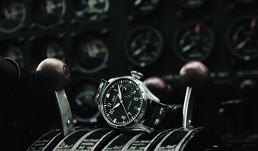 круглые серебристые и черные аналоговые часы IWC с кожаным ремешком, часы, кабина, IWC, Pilot's, HD обои HD wallpaper