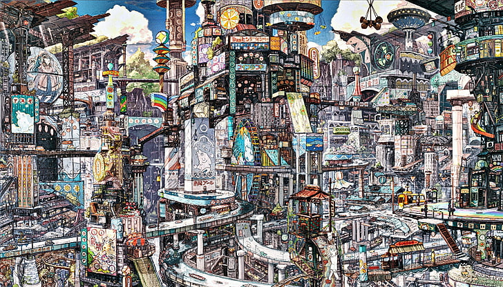 разноцветная живопись, иллюстрация будущего города, аниме, городской пейзаж, Imperial Boy, цифровое искусство, фэнтези-сити, HD обои