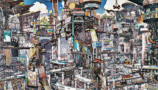 لوحة متعددة الألوان ، رسم توضيحي لمدينة المستقبل ، أنيمي ، مناظر المدينة ، الإمبراطوري بوي ، الفن الرقمي ، مدينة الخيال، خلفية HD HD wallpaper