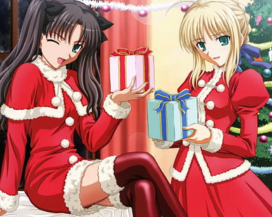Fate / staynight رسم توضيحي لـ Sabre و Rin Tosaka ، رأس السنة ، عيد الميلاد ، أنيمي ، هدايا ، فتيات، خلفية HD HD wallpaper