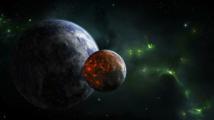 Planets collide, two planets, space, 1920x1080, planet, HD wallpaper