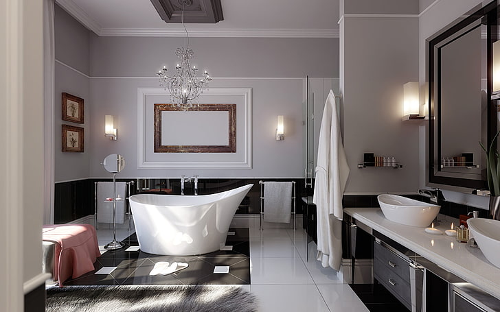 white bathtub, candles, chandelier, bath, modern, HD wallpaper