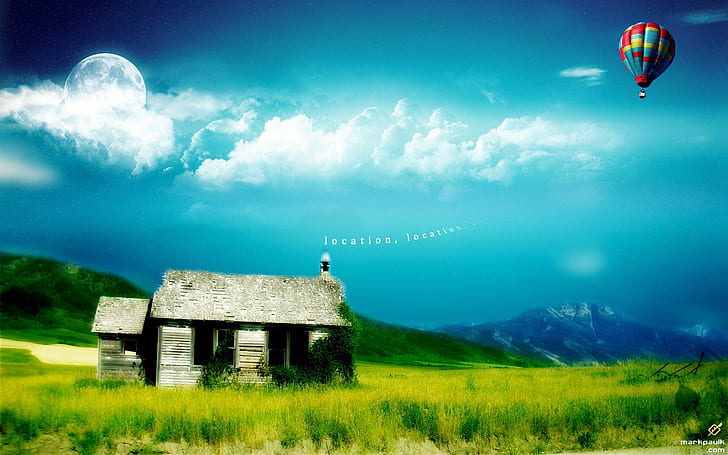 Dream Home, pintura de un globo de aire caliente sobre campos verdes con casa, Dream, Home, Fondo de pantalla HD
