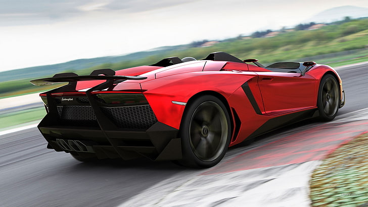 красный кабриолет спортивное купе на дороге в дневное время, Lamborghini Aventador, автомобиль, HD обои