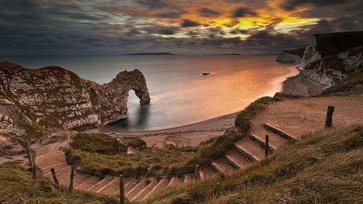 Земя, Durdle врата, арка, плаж, крайбрежие, брегова линия, Dorset, Англия, варовик, природа, океан, скала, стълби, стъпала, залез, HD тапет