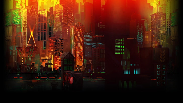 pintura de paisaje urbano roja y negra, fotografía de paisaje de luces de la ciudad, píxeles, transistor, arte conceptual, videojuegos, paisaje urbano, Fondo de pantalla HD