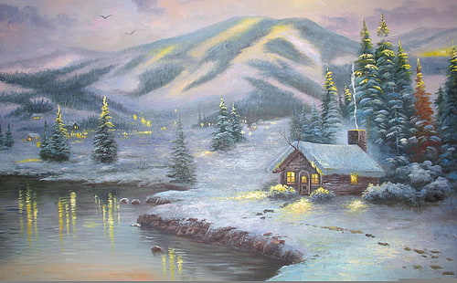 house near body of water, winter, snow, landscape, lights, lake, mountain, spruce, picture, the evening, houses, tree, painting, Thomas Kinkade, Olympic Mountain Evening, HD wallpaper HD wallpaper