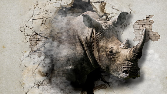 3d, rhinoceros, horn, wall, wildlife, destroy, illustration, brick wall, HD wallpaper HD wallpaper