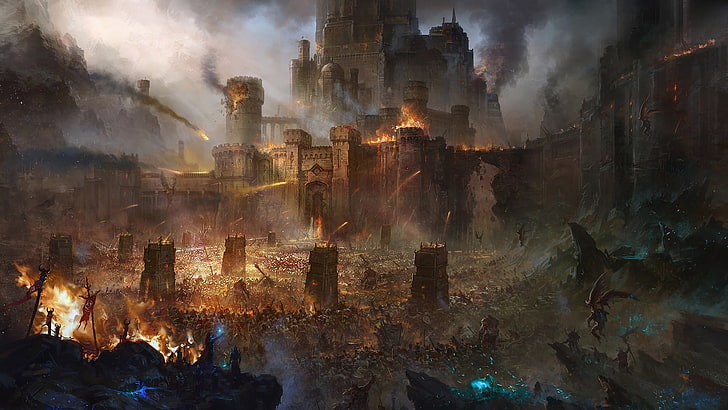 Ilustración del castillo marrón, asedio, castillo, Fondo de pantalla HD