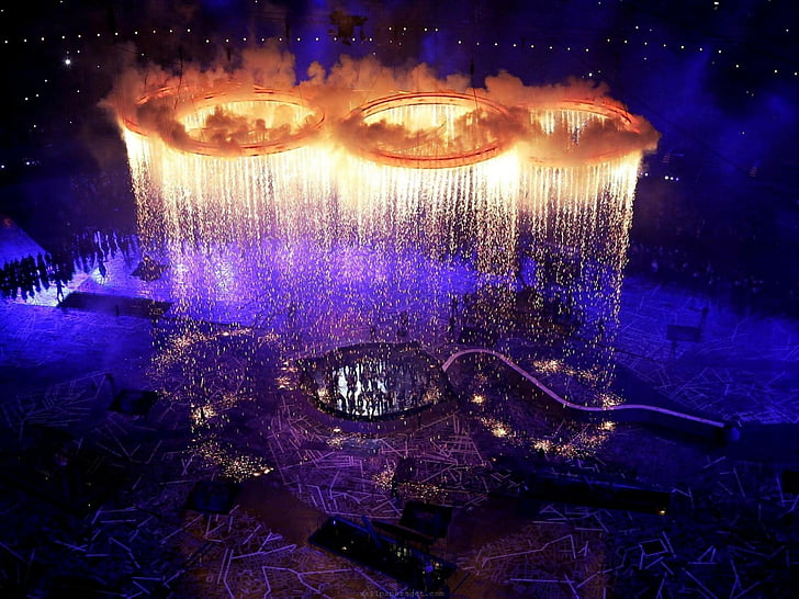 2012, огън, фойерверки, Лондон, олимпиади, пръстени, сцена, HD тапет