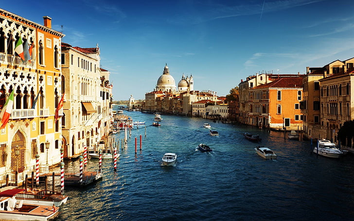 biała łódź, Wenecja, budynek, rzeka, łódka, Tapety HD