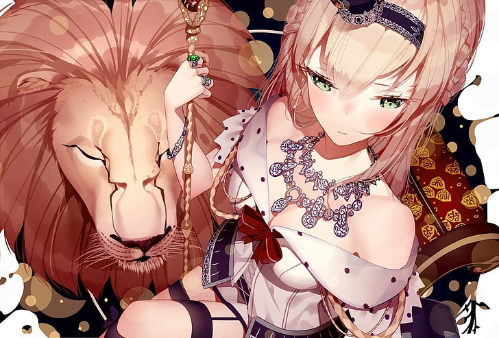 female anime character holding staff with lion illustration, animals, blonde, hair bows, braids, crown, dress, garter belt, green eyes, headdress, Kantai Collection, lion, long hair, necklace, staff, HD wallpaper