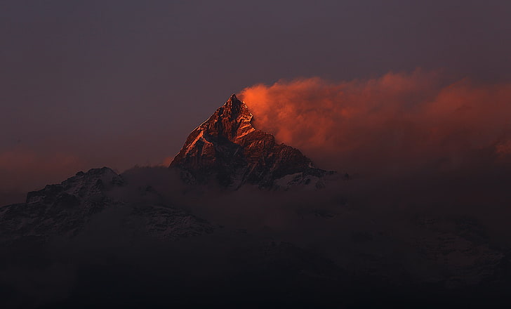 червена и черна абстрактна живопис, планини, Непал, залез, пейзаж, HD тапет